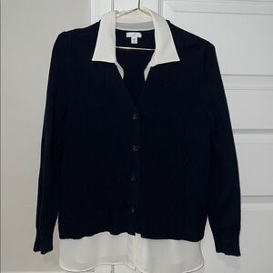 J. Jill Navy Cardigan Sweater with White Collar